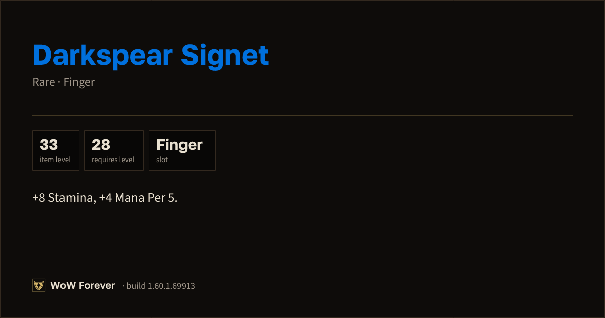 The preview card for Darkspear Signet - Rare Ring, Item Level 33
