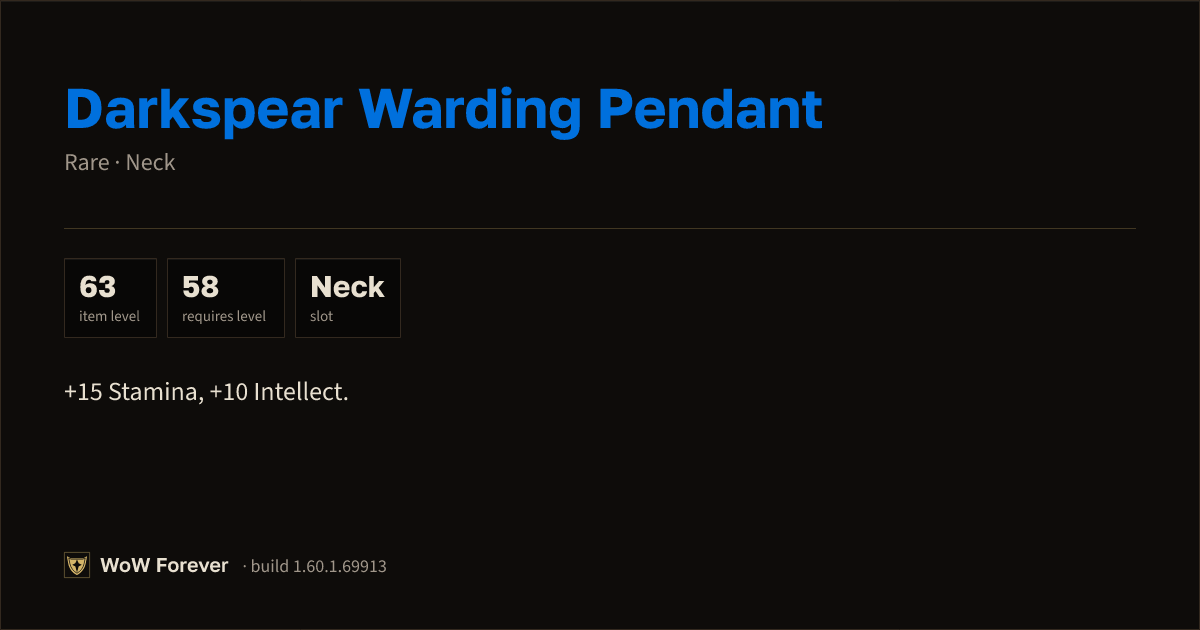 The preview card for Darkspear Warding Pendant (Item level 63)
