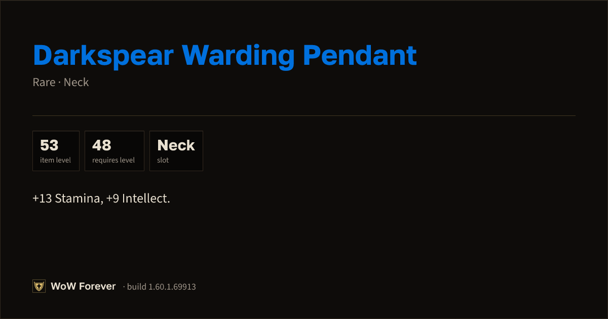 The preview card for Darkspear Warding Pendant (Item level 53)