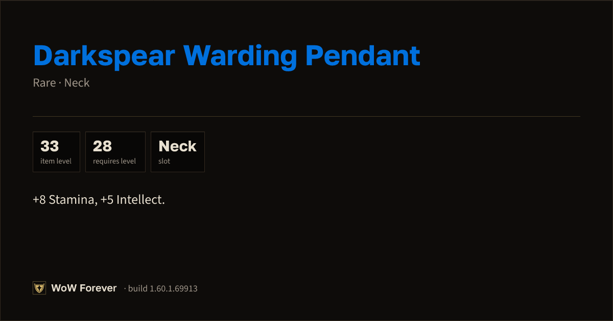 The preview card for Darkspear Warding Pendant (Item level 33)