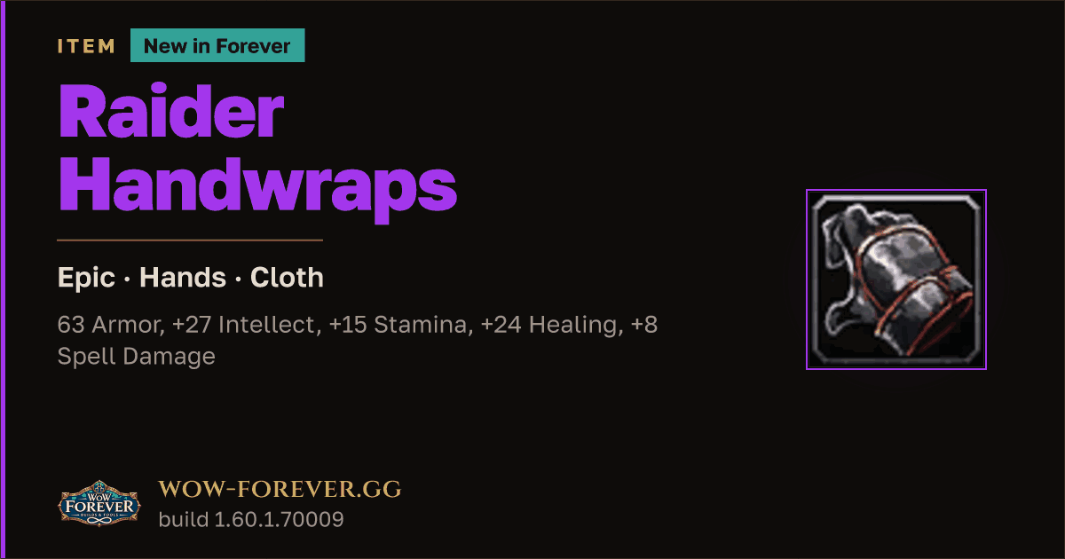 The preview card for Raider Handwraps - Epic Cloth Hands, Item Level 65