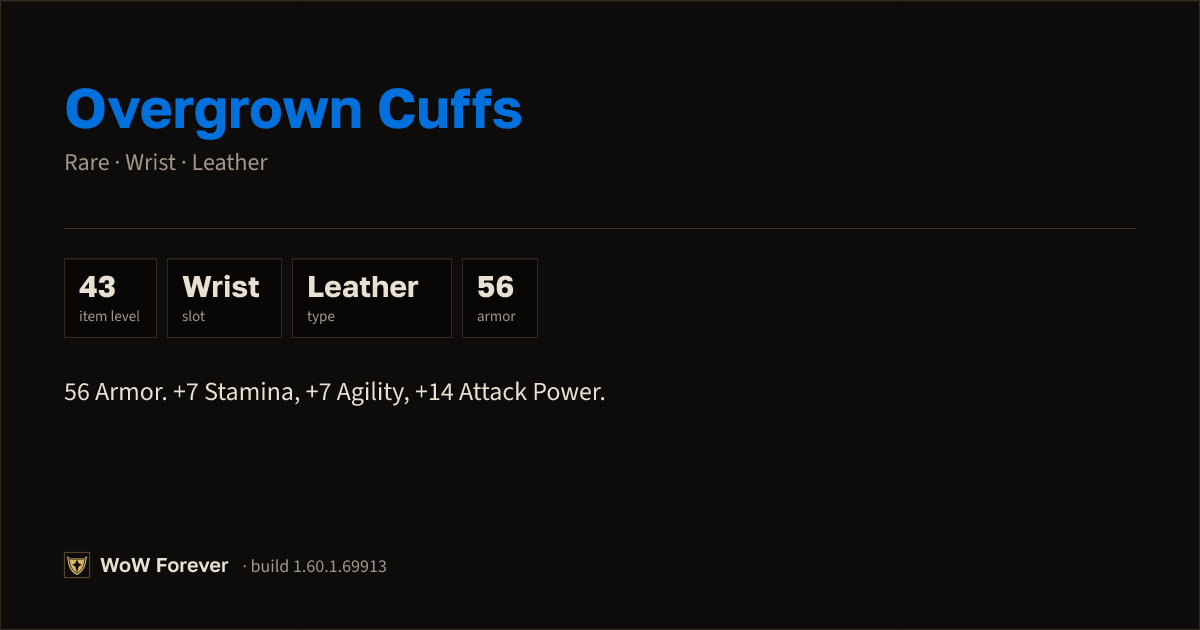 The preview card for Overgrown Cuffs - Rare Leather Wrist, Item Level 43