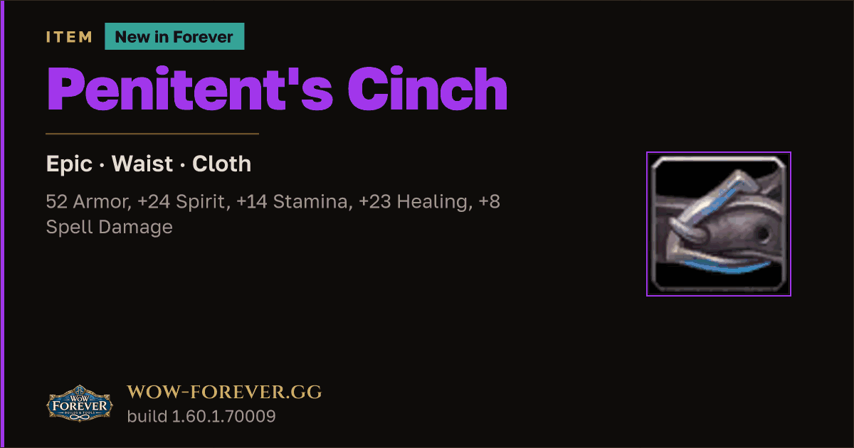 The preview card for Penitent's Cinch - Epic Cloth Waist, Item Level 60