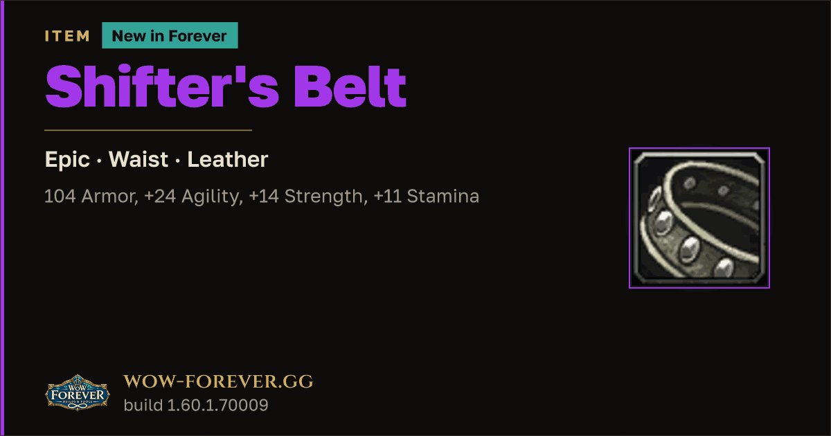 The preview card for Shifter's Belt - Epic Leather Waist, Item Level 60