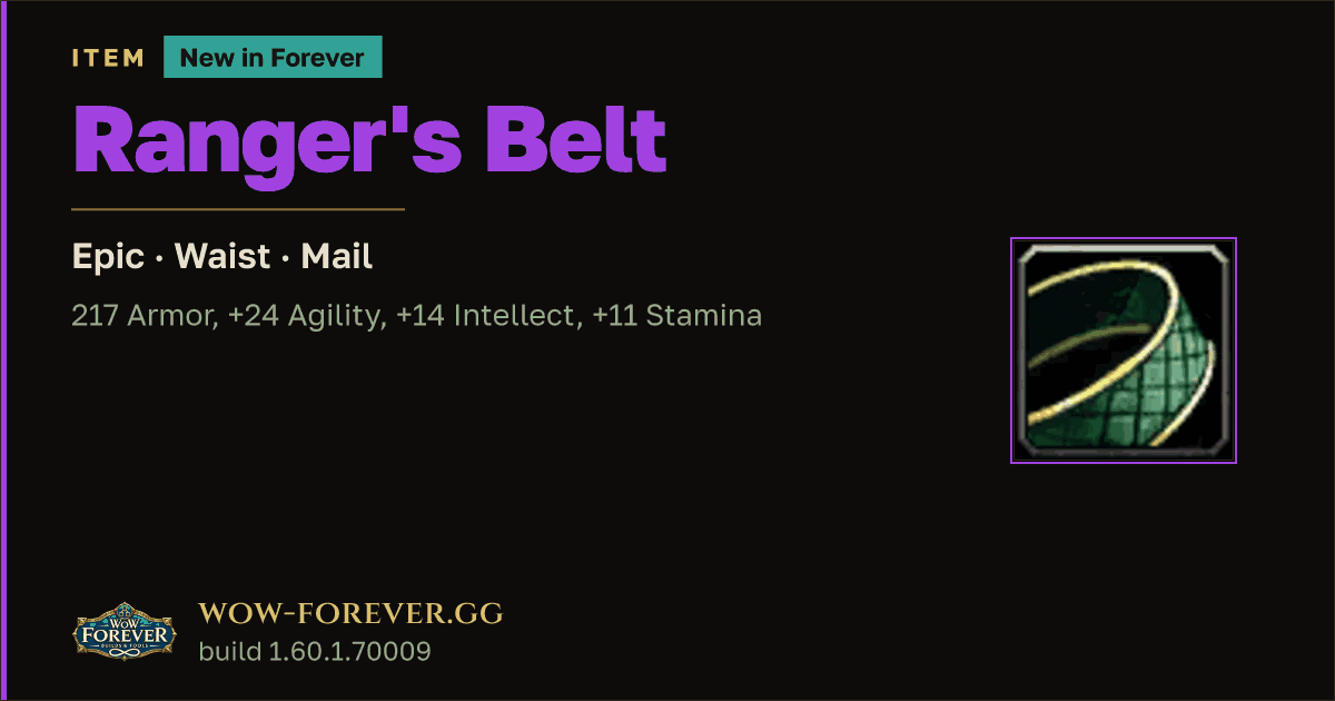The preview card for Ranger's Belt - Epic Mail Waist, Item Level 60