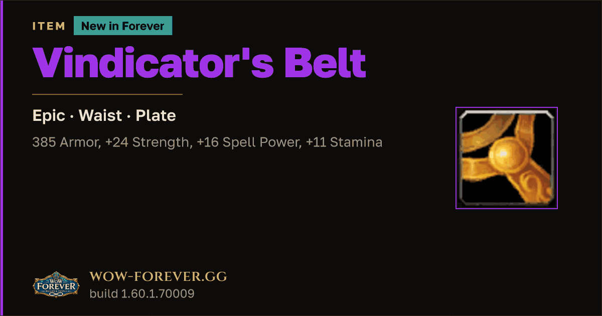 The preview card for Vindicator's Belt - Epic Plate Waist, Item Level 60