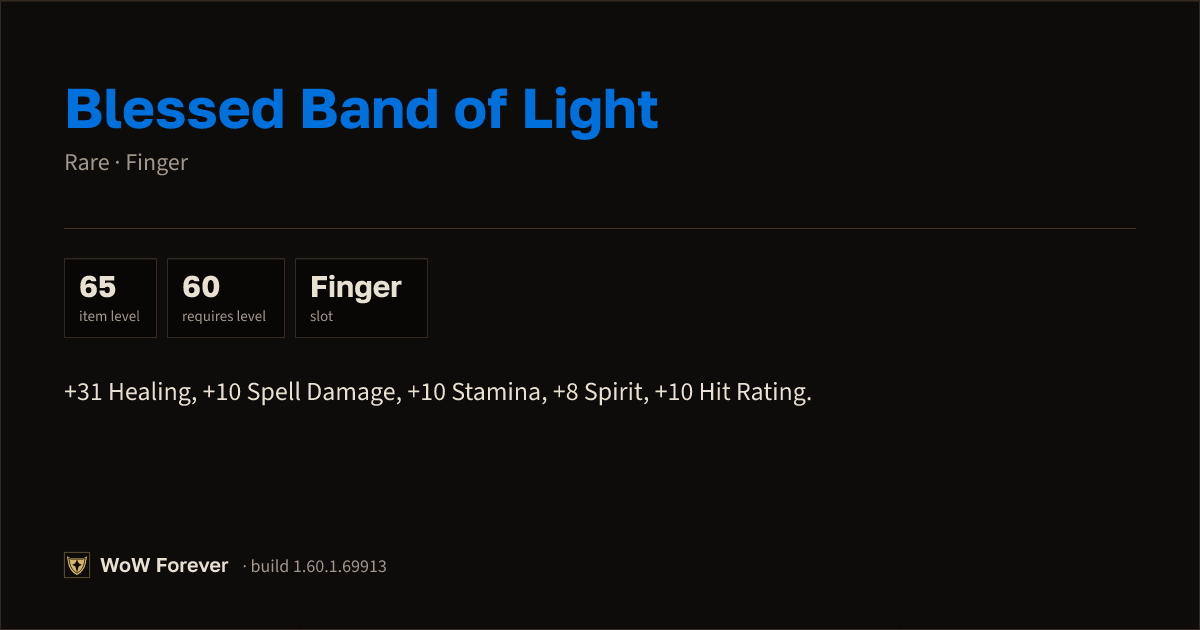 The preview card for Blessed Band of Light - Rare Ring, Item Level 65