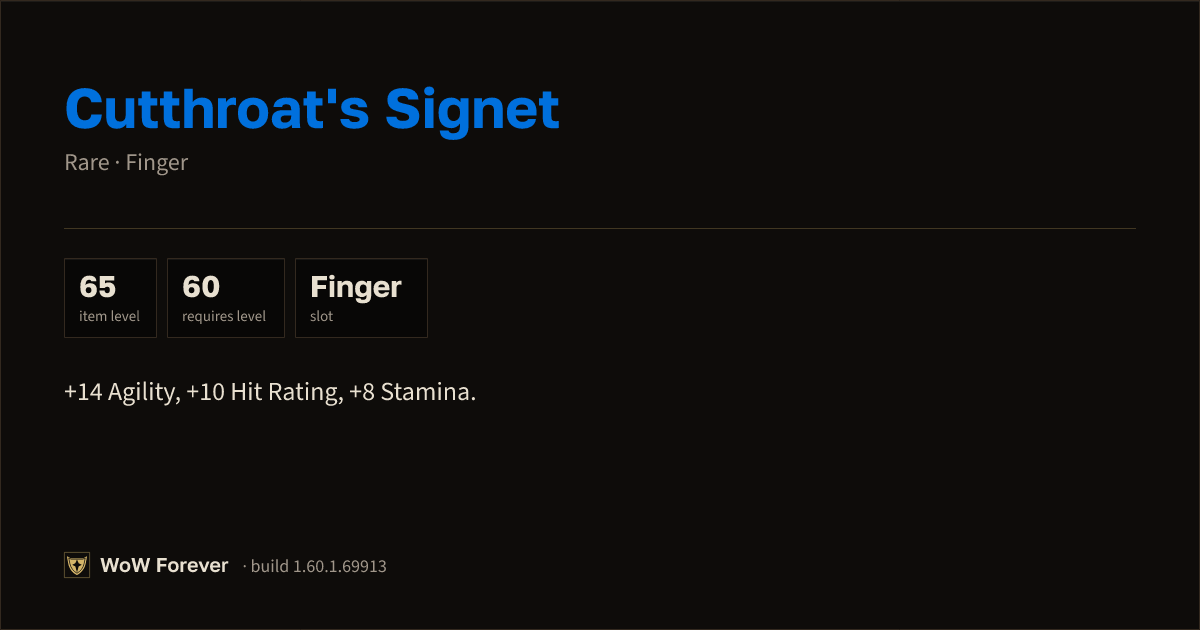 The preview card for Cutthroat's Signet - Rare Ring, Item Level 65