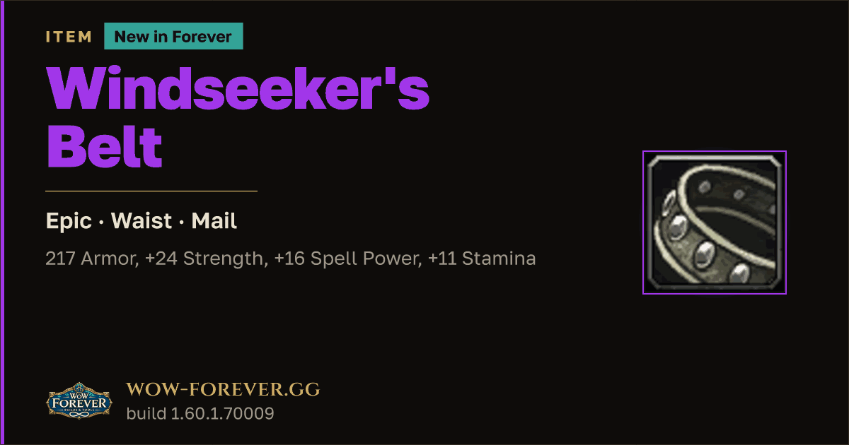 The preview card for Windseeker's Belt - Epic Mail Waist, Item Level 60