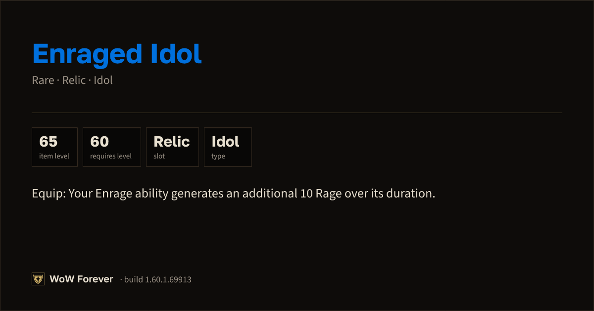 The preview card for Enraged Idol - Rare Idol, Item Level 65