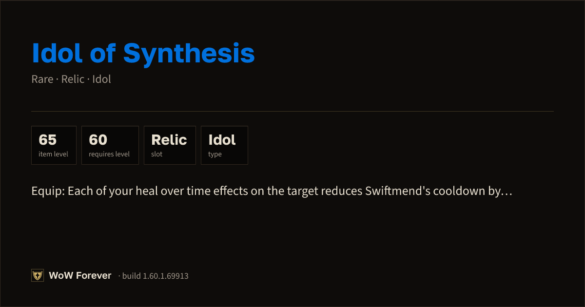 The preview card for Idol of Synthesis - Rare Idol, Item Level 65