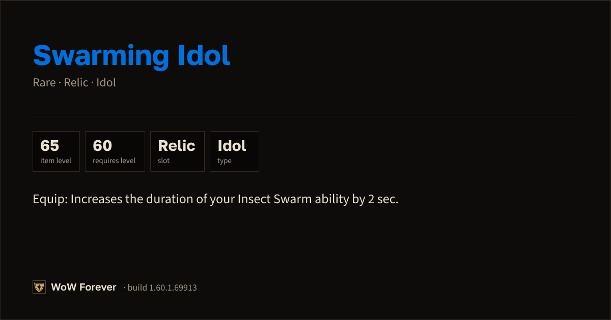 The preview card for Swarming Idol - Rare Idol, Item Level 65