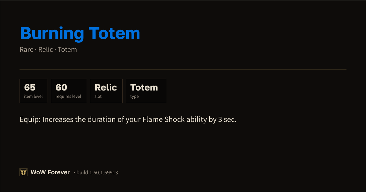 The preview card for Burning Totem - Rare Totem, Item Level 65