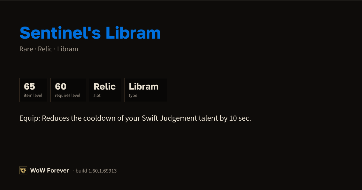 The preview card for Sentinel's Libram - Rare Libram, Item Level 65