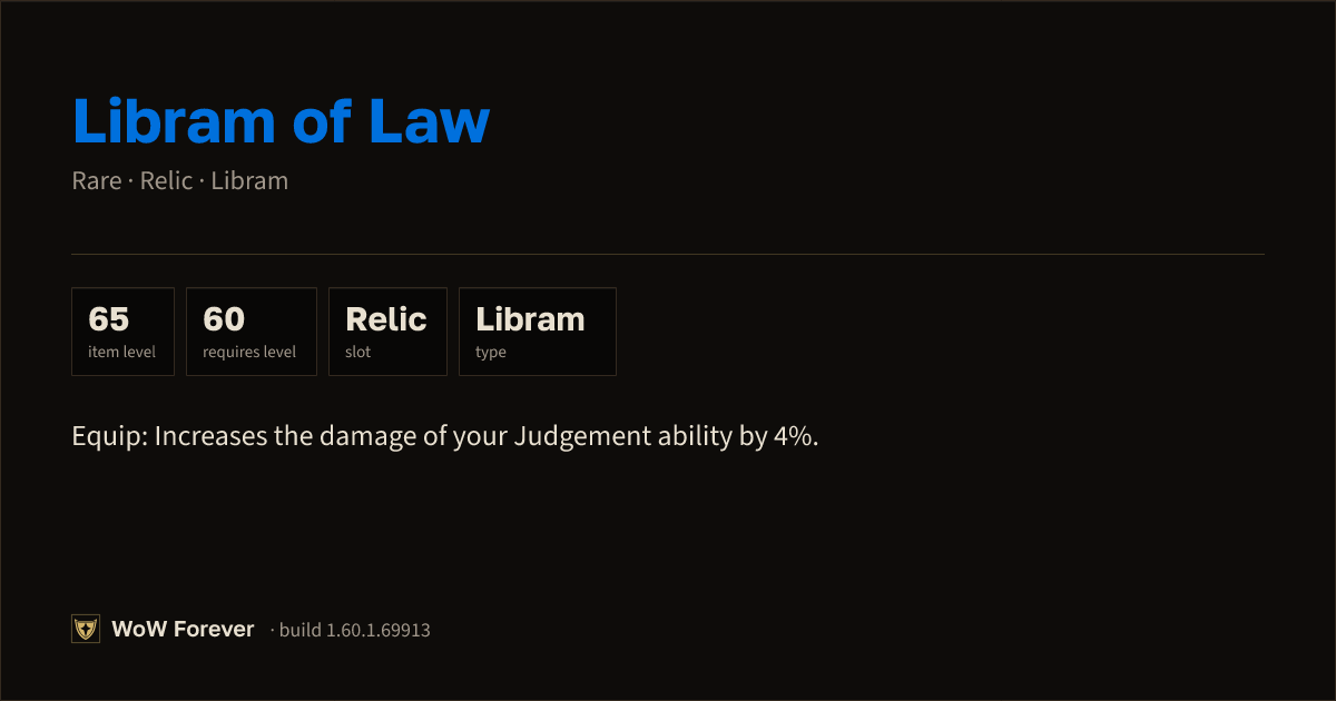 The preview card for Libram of Law - Rare Libram, Item Level 65