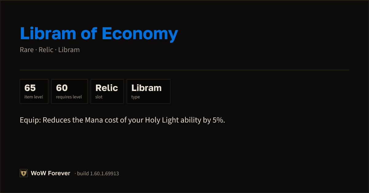 The preview card for Libram of Economy - Rare Libram, Item Level 65