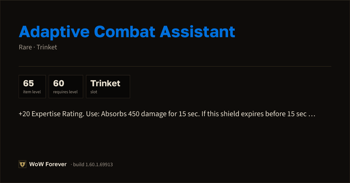 The preview card for Adaptive Combat Assistant - Rare Trinket