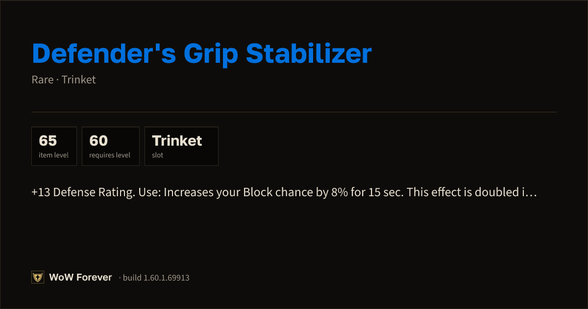 The preview card for Defender's Grip Stabilizer - Rare Trinket