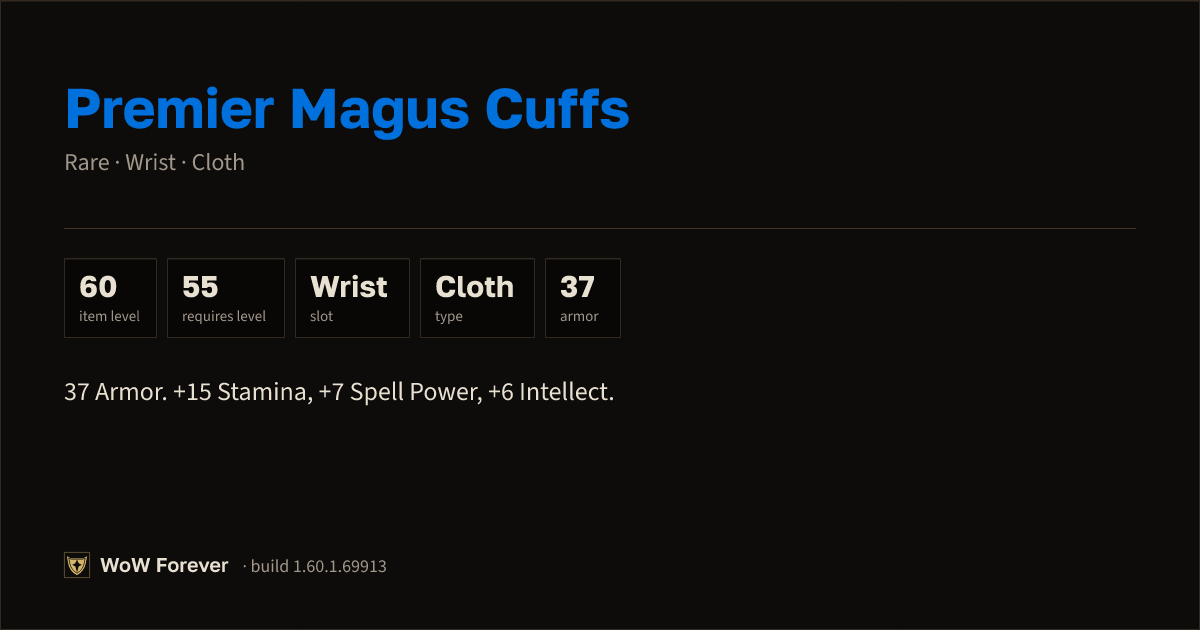 The preview card for Premier Magus Cuffs - Rare Cloth Wrist