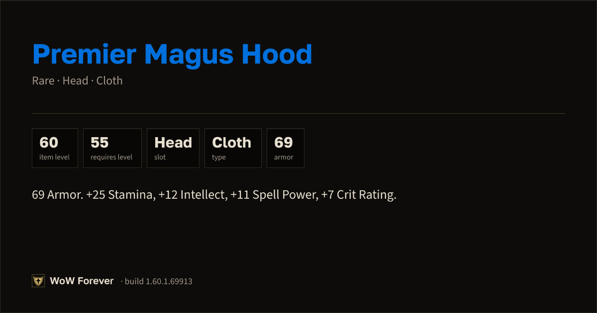 The preview card for Premier Magus Hood - Rare Cloth Head, Item Level 60