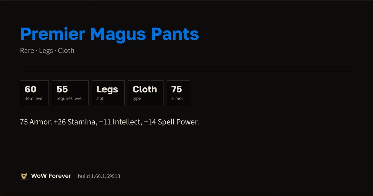 The preview card for Premier Magus Pants - Rare Cloth Legs