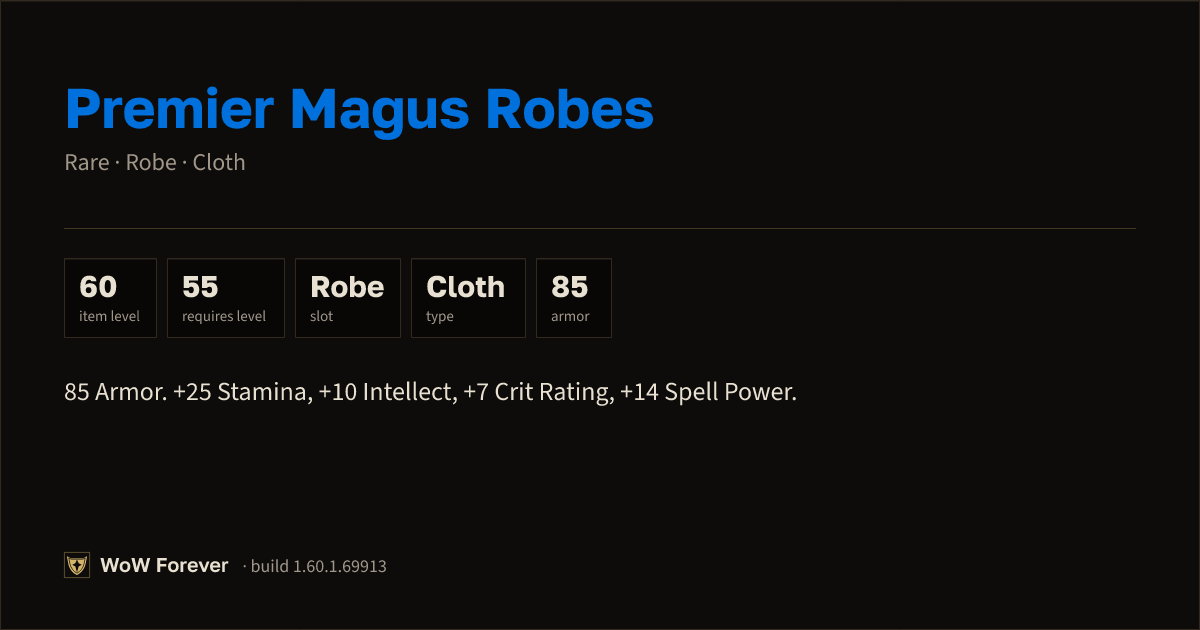 The preview card for Premier Magus Robes - Rare Cloth Robe