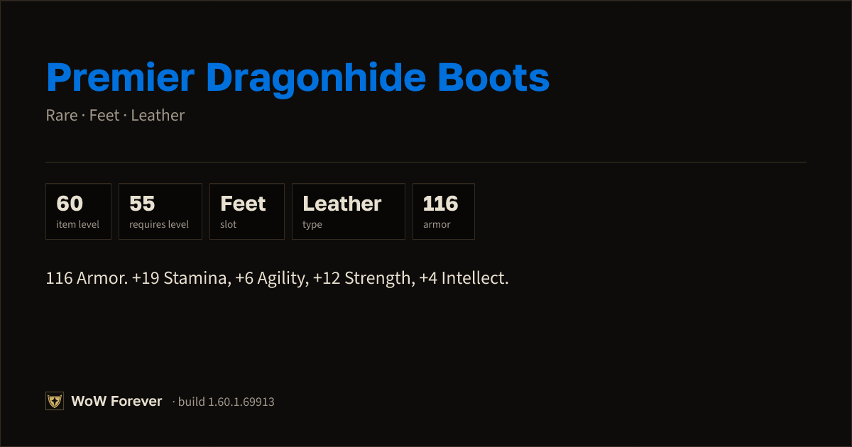 The preview card for Premier Dragonhide Boots - Rare Leather Feet