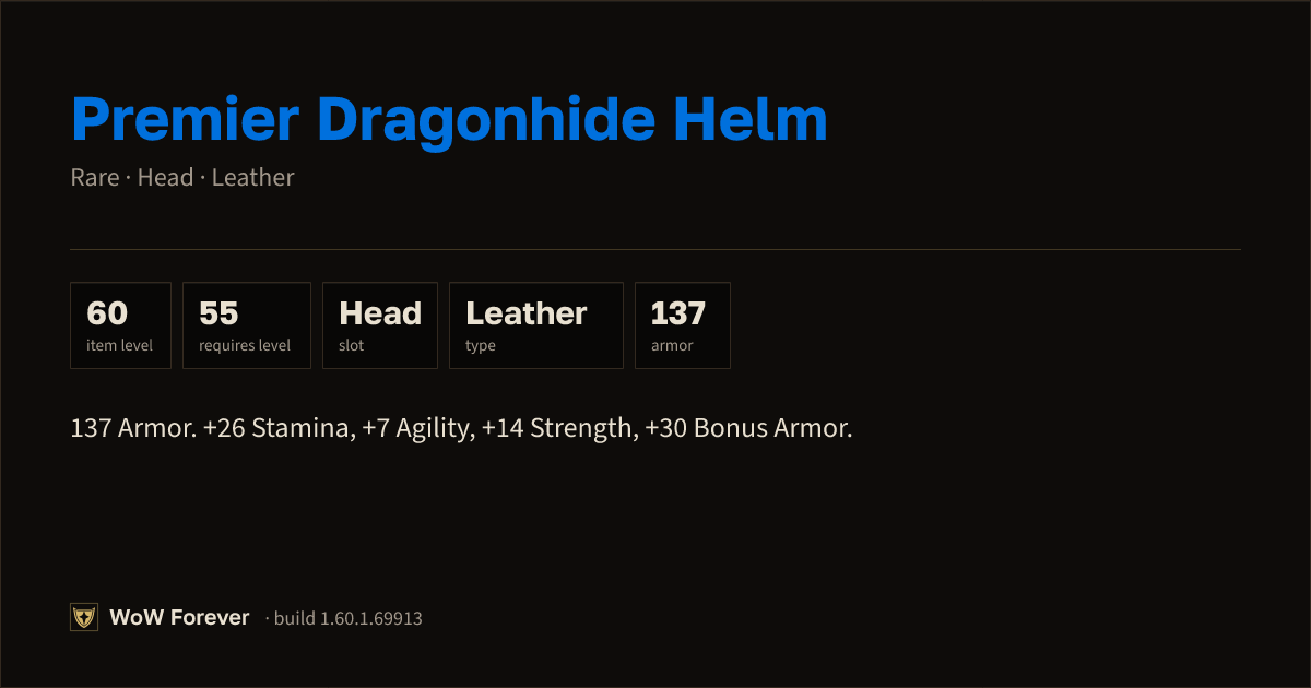 The preview card for Premier Dragonhide Helm - Rare Leather Head