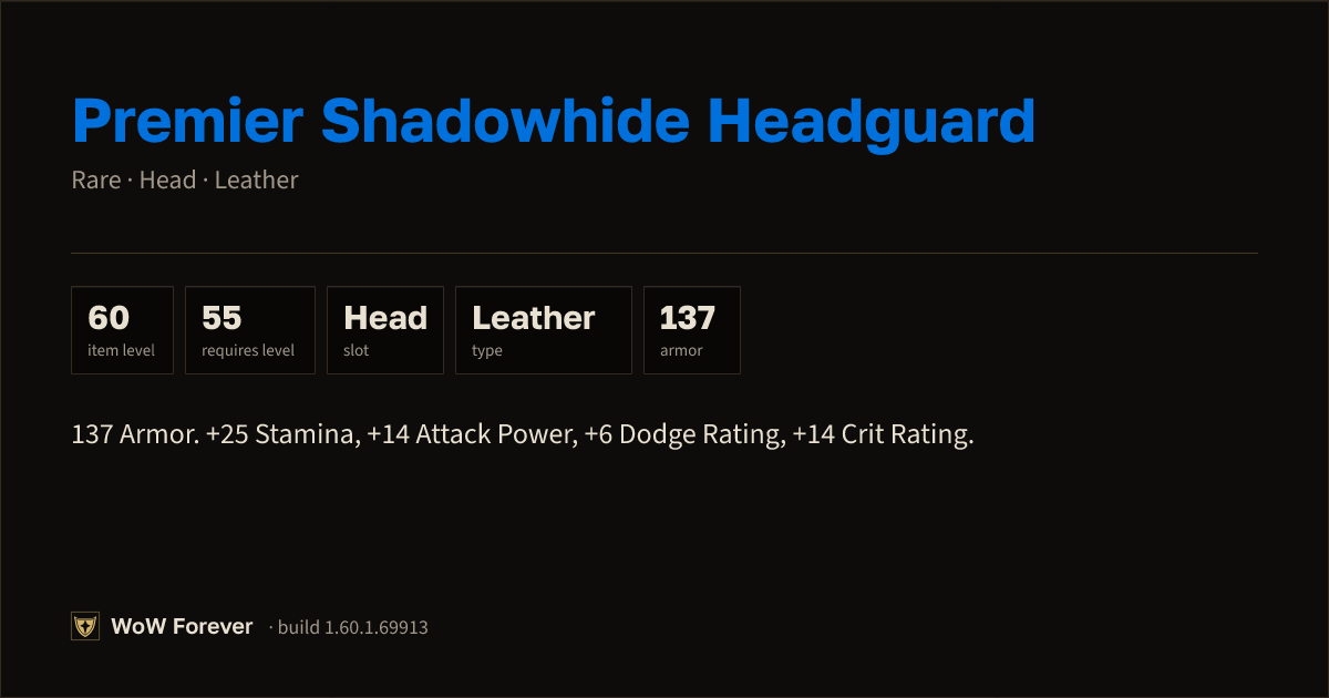 The preview card for Premier Shadowhide Headguard - Rare Leather Head