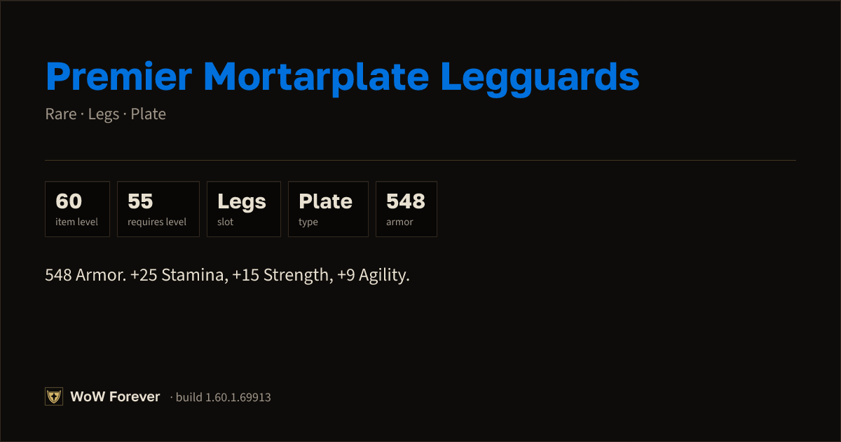 The preview card for Premier Mortarplate Legguards - Rare Plate Legs