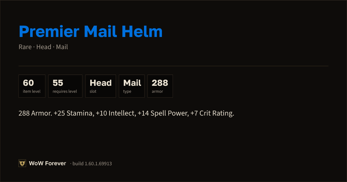 The preview card for Premier Mail Helm - Rare Mail Head, Item Level 60