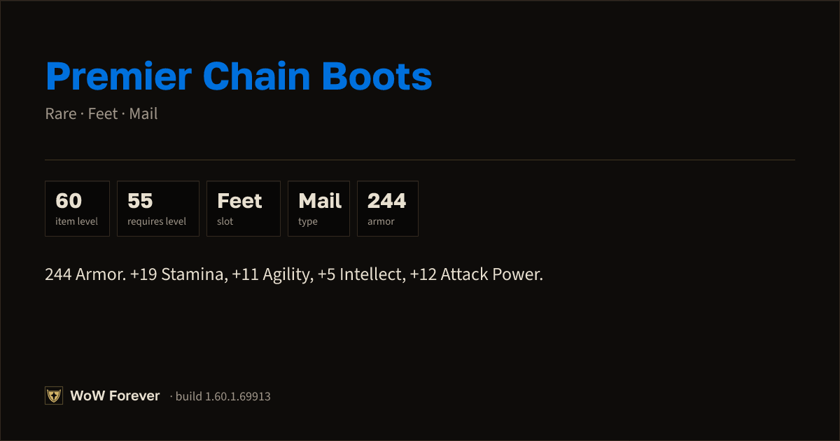 The preview card for Premier Chain Boots - Rare Mail Feet, Item Level 60
