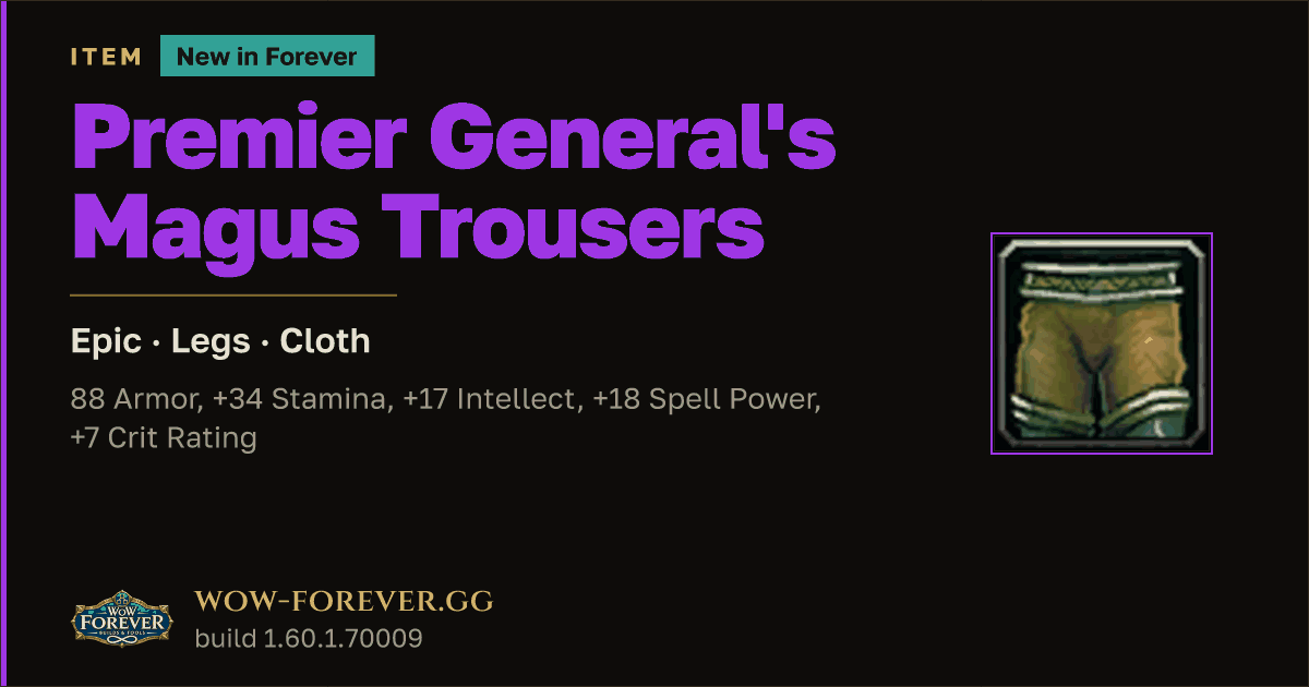 The preview card for Premier General's Magus Trousers - Epic Cloth Legs