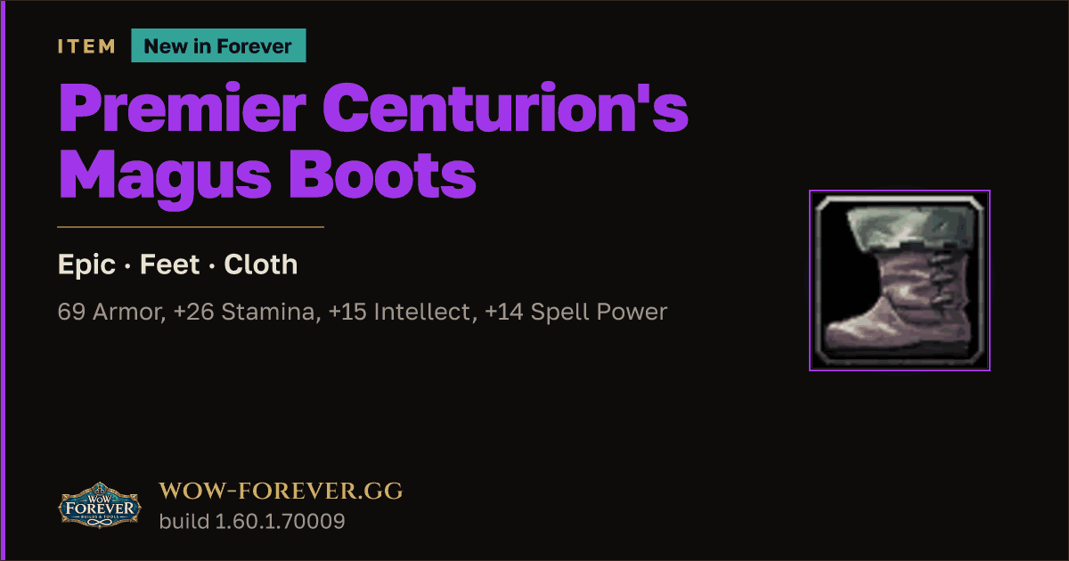 The preview card for Premier Centurion's Magus Boots - Epic Cloth Feet
