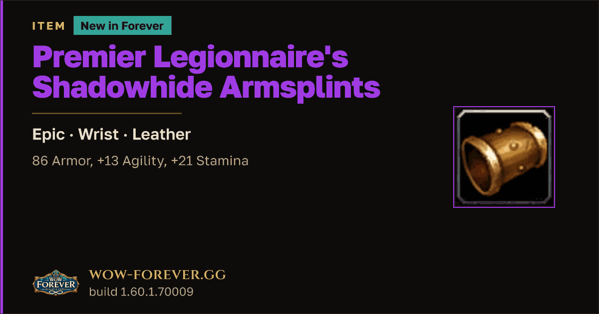 The preview card for Premier Legionnaire's Shadowhide Armsplints - WoW Forever Item