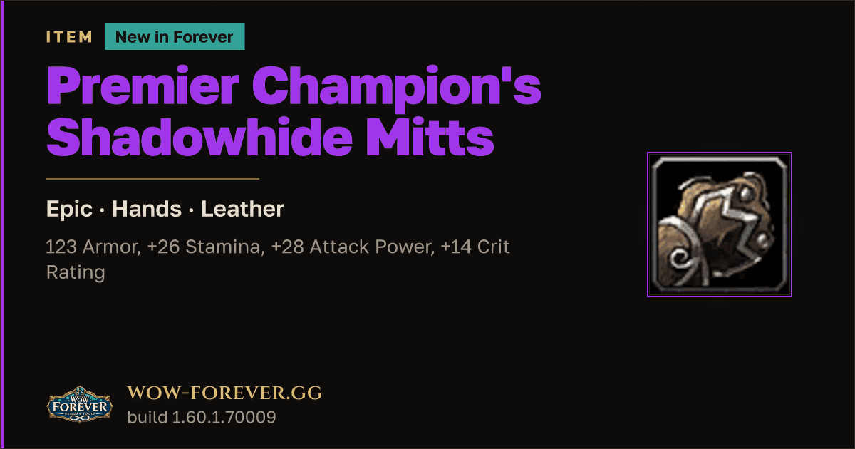 The preview card for Premier Champion's Shadowhide Mitts - WoW Forever Item