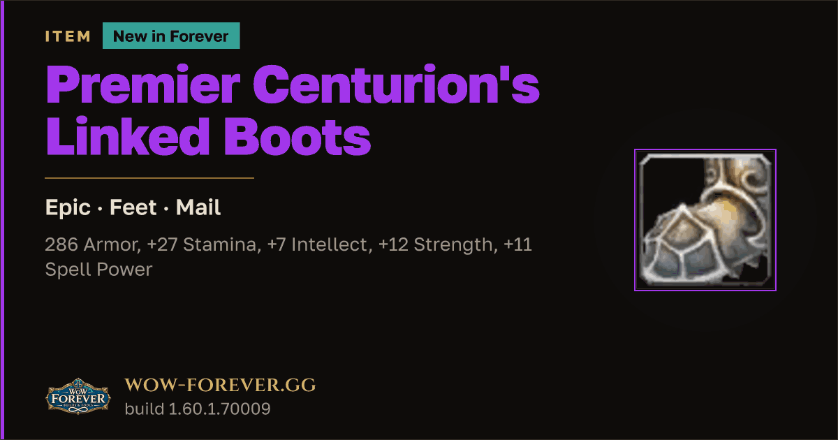 The preview card for Premier Centurion's Linked Boots - Epic Mail Feet