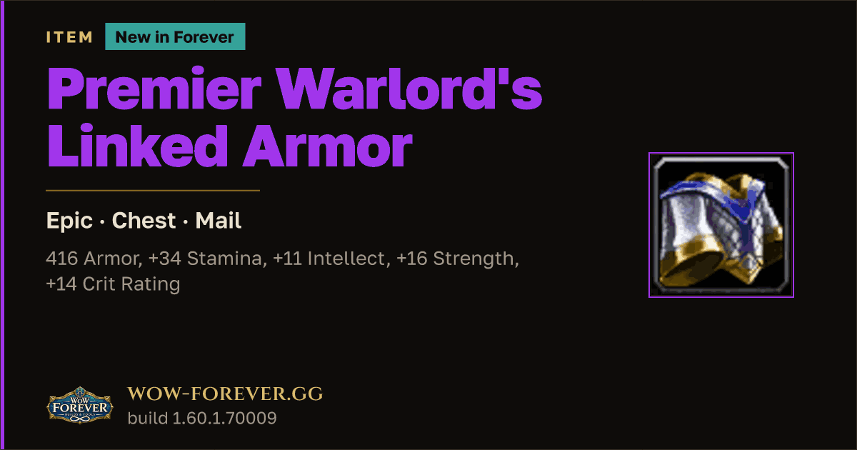 The preview card for Premier Warlord's Linked Armor - Epic Mail Chest