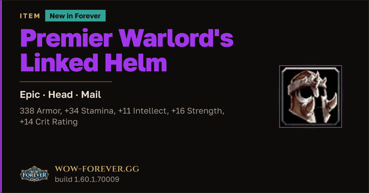 The preview card for Premier Warlord's Linked Helm - Epic Mail Head
