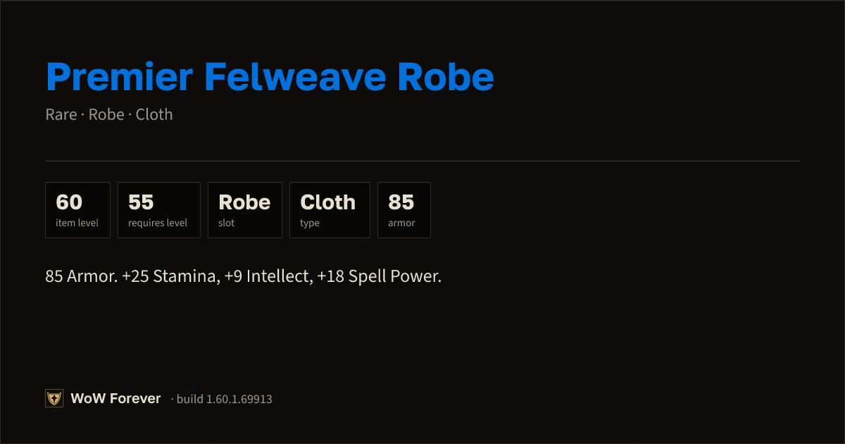 The preview card for Premier Felweave Robe - Rare Cloth Robe
