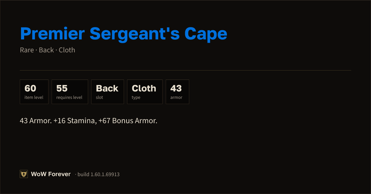 The preview card for Premier Sergeant's Cape - Rare Cloak (ID 272589)