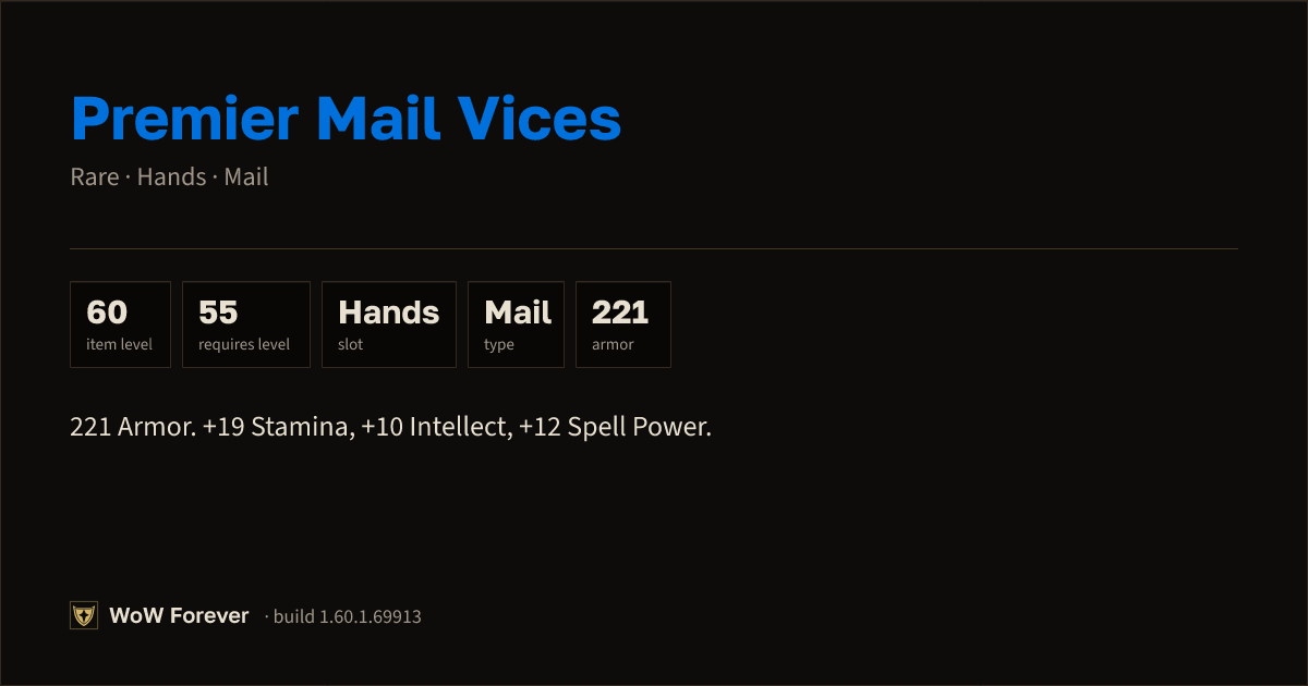 The preview card for Premier Mail Vices - Rare Mail Hands, Item Level 60