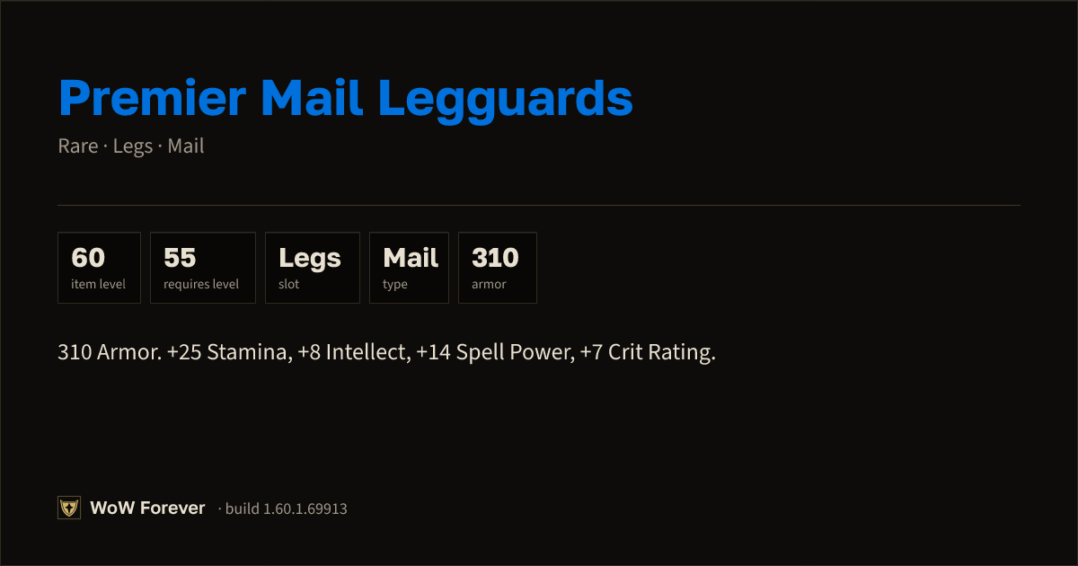 The preview card for Premier Mail Legguards - Rare Mail Legs