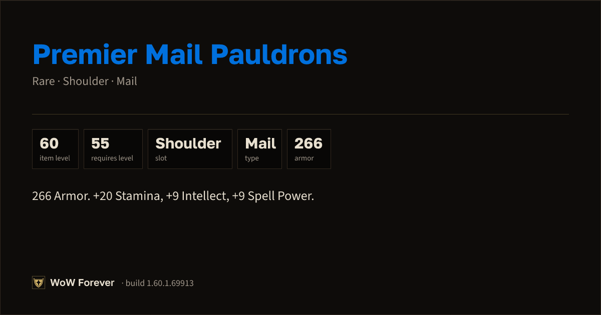 The preview card for Premier Mail Pauldrons - Rare Mail Shoulder