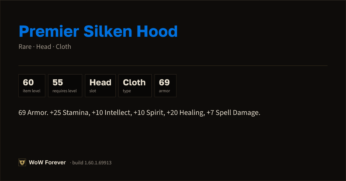 The preview card for Premier Silken Hood - Rare Cloth Head