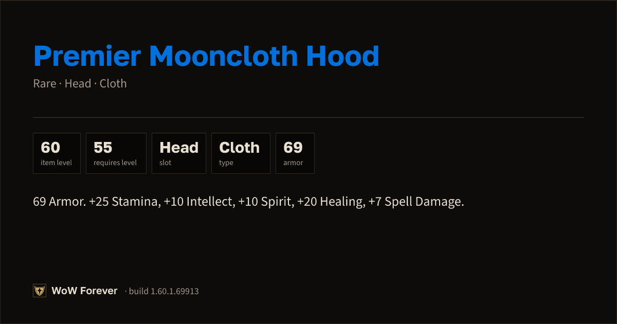 The preview card for Premier Mooncloth Hood - Rare Cloth Head