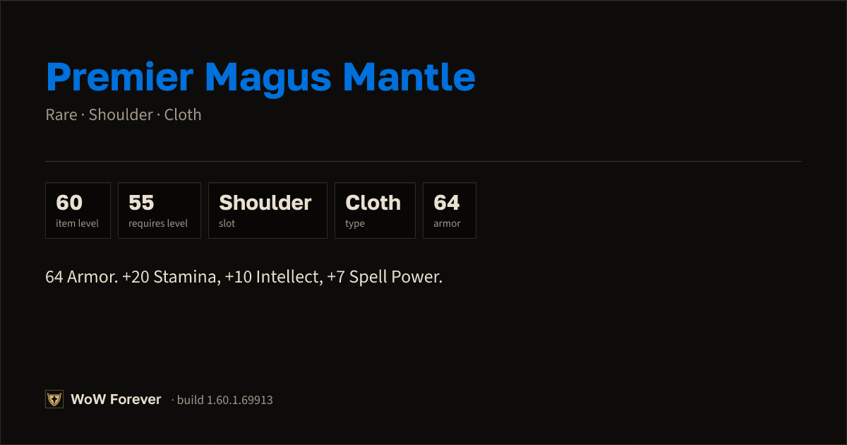 The preview card for Premier Magus Mantle - Rare Cloth Shoulder