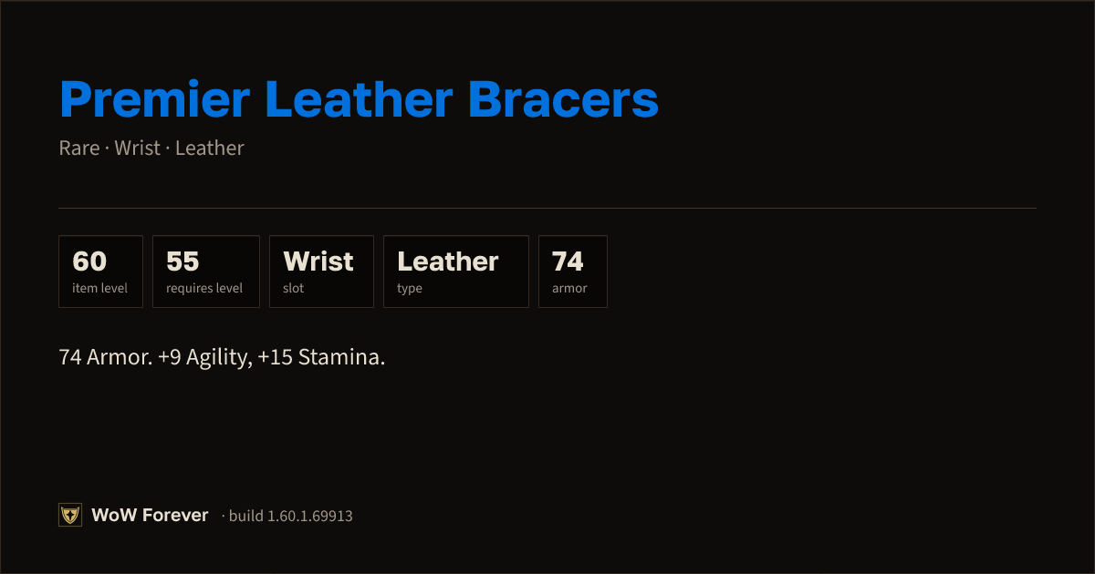 The preview card for Premier Leather Bracers - Rare Leather Wrist
