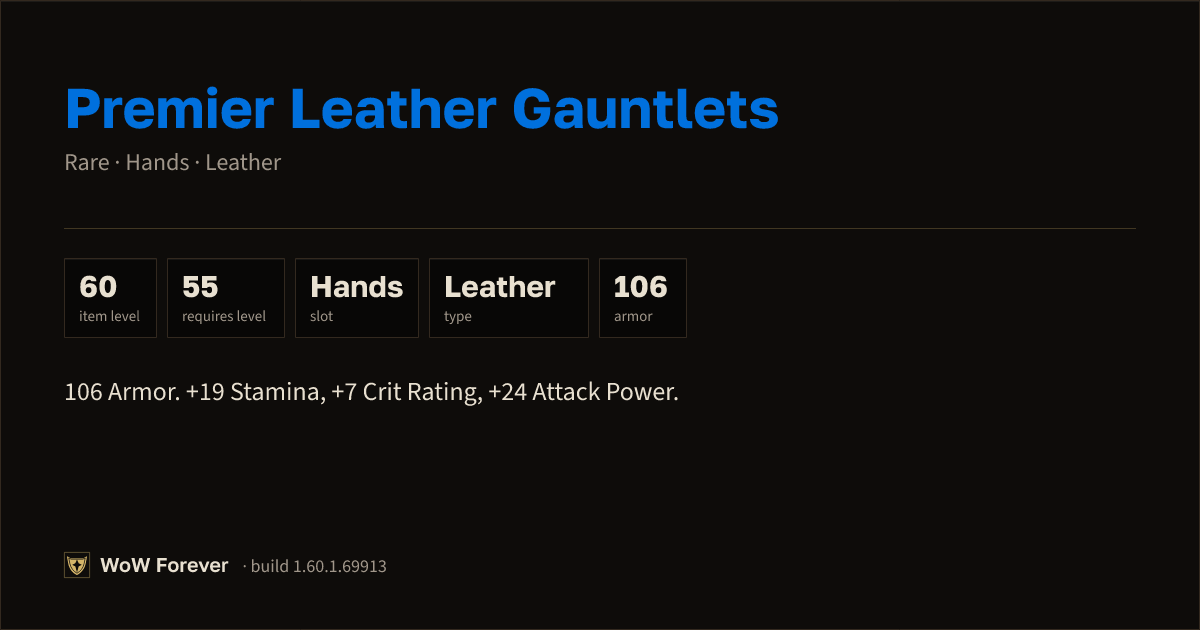The preview card for Premier Leather Gauntlets - Rare Leather Hands