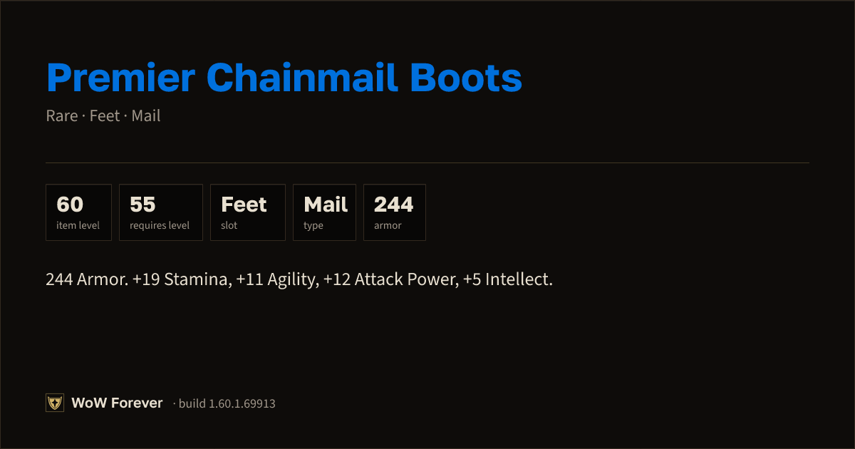 The preview card for Premier Chainmail Boots - Rare Mail Feet